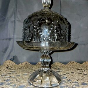 Clear glass 5” cupcake cake stand and dome patterned vintage rare